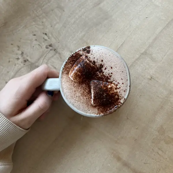 A hot chocolate topped with cocoa and two marshmallows