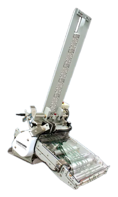 Longford C350/C700 friction feeder, a tall stainless hopper over a servo-driven feed belt