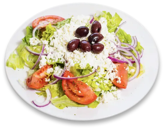 A Greek salad: iceberg lettuce, feta, tomatoes, red onion and kalamata olives